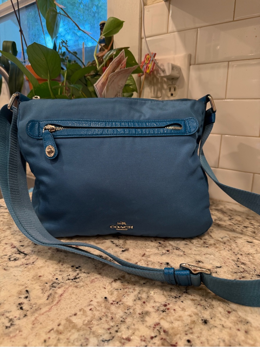 Coach Teal Blue Nylon Crossbody Bag with Silver Hardware